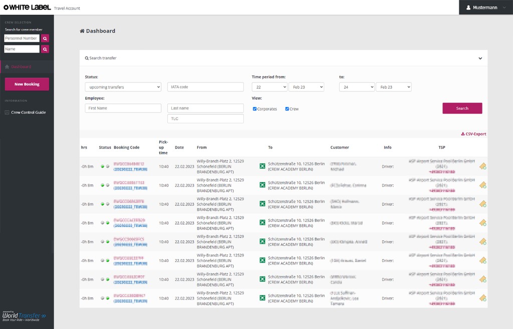 White-label cruise crew travel account dashboard with upcoming transfers