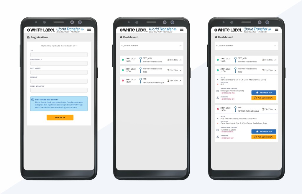 Cruise crew mobile app registration and dashboard on three phones