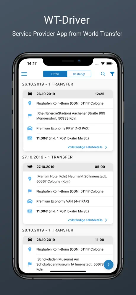 WT-Driver transfer overview on mobile